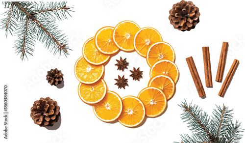 Christmas Composition with Dried Orange Slices Wreath Star Anise Cinnamon Sticks Pinecones and Spruce Branches for Holiday Seasonal Decoration Background