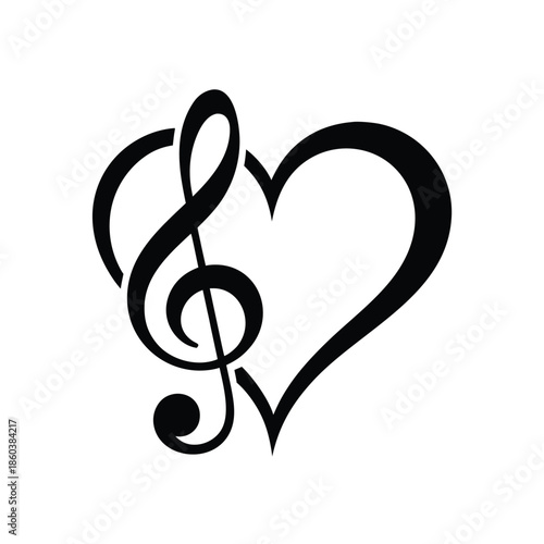 A stylish black illustration combining a musical treble clef seamlessly integrated into a heart shape