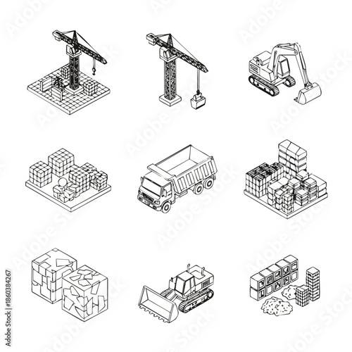 Isometric Construction Equipment and Materials Line Art Set - Industry and Building Icons.