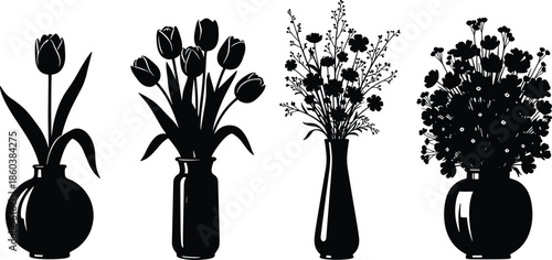 Set of Flower Bouquets in Vases, Tulip and Wildflower Arrangements, Home Decoration, Floral Display, Black Silhouette, Natural Graphic, Abstract Vector Collection.
