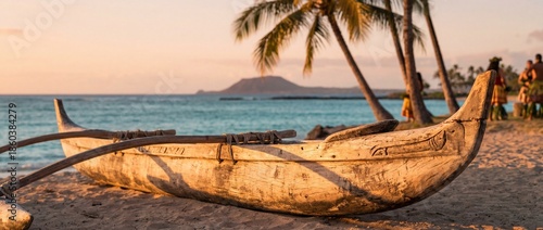 An outrigger canoe rests se...