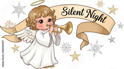 Angel Playing Trumpet Silent Night Illustration.