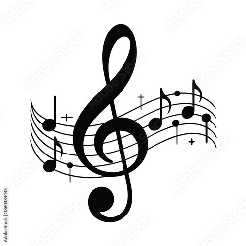 A black and white illustration depicting a treble clef with accompanying musical notes and staff lines
