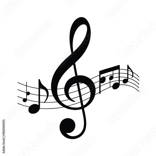 A simple black and white illustration depicting a treble clef and musical notes on a staff