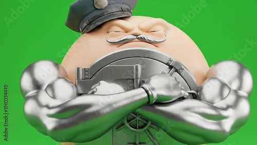 A strong, vigilant character with metallic arms protects a vault door, symbolizing security and robust defense