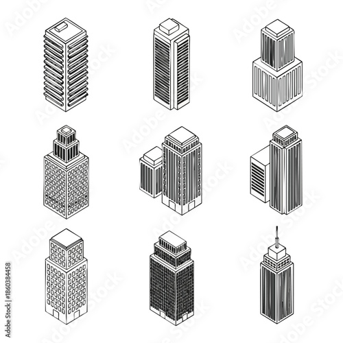 Isometric icons of modern skyscrapers and city buildings for urban design and architectural concepts.