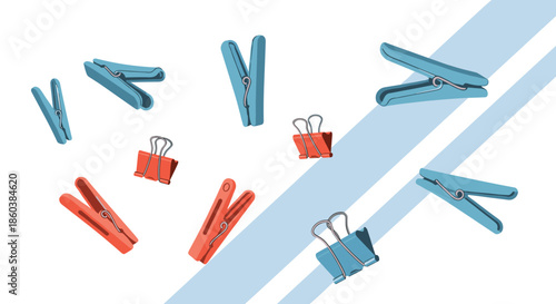 Abstract composition of red and blue clothespins and binder clips scattered and floating against a simple white and gray background.