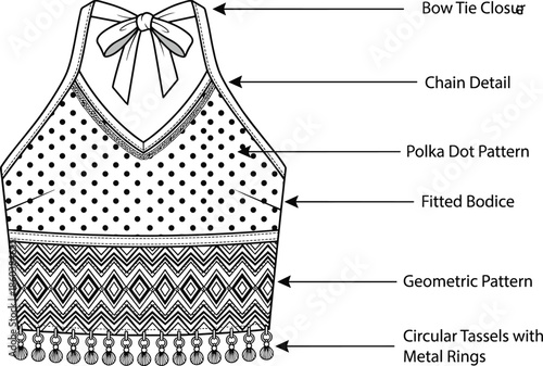 Women halter crop top technical fashion illustration with bow tie closure polka dot and geometric patterns detailed garment design drawing