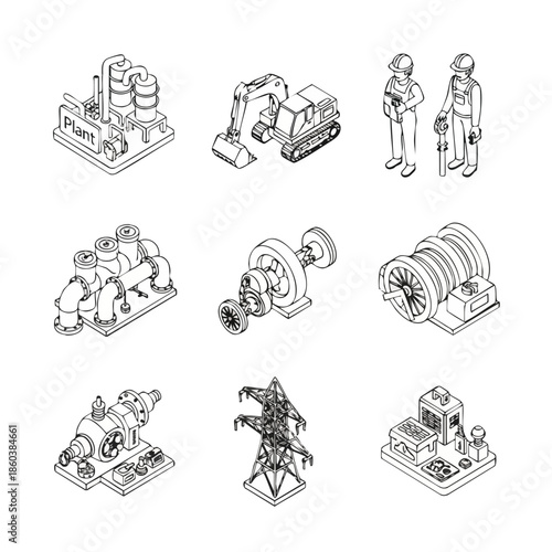 Isometric Industrial & Construction Elements Vector Bundle: Plant, Excavator, Workers, and Machinery Outline Icons.