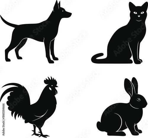 Set of four black animal silhouettes, featuring a standing dog, a sitting cat, a rooster, and a rabbit, representing domestic pets, farm animals, and various wildlife species, isolated on white.