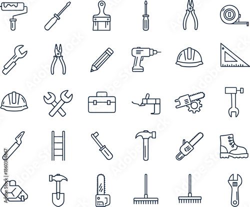Tools editable stroke line icons set featuring construction, repair, maintenance, handyman equipment and hardware symbols for web and app designWeb