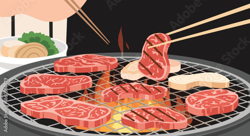 Close-up vector illustration of Japanese yakiniku barbecue with various cuts of meat grilling over flames on a round charcoal grill.