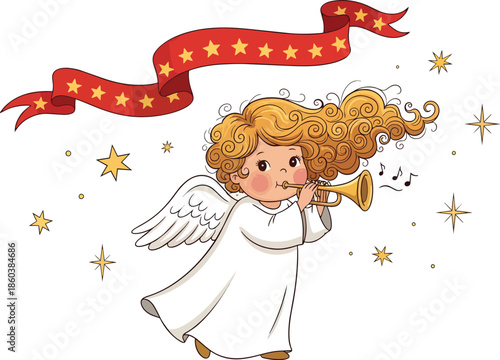 Cartoon Angel Playing Golden Trumpet.
