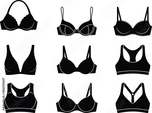 Women bra silhouettes icon set featuring lingerie, sports and fashion styles for underwear apparel design vector collection illustration pack