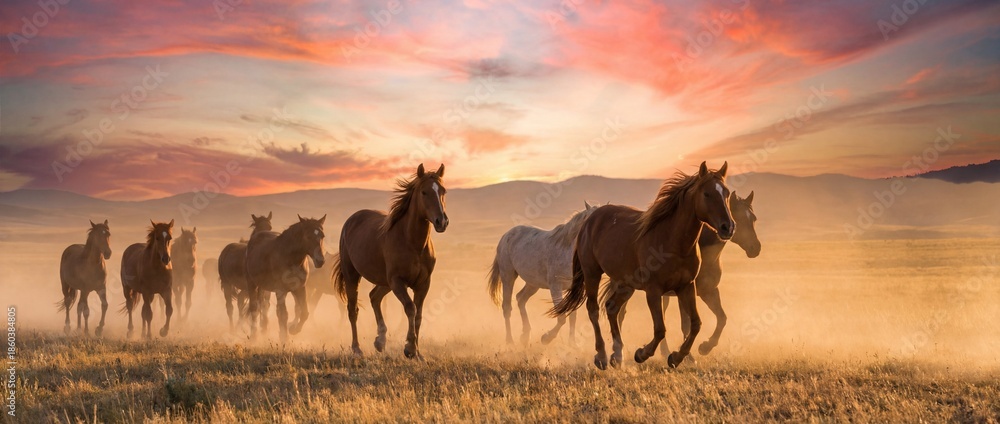 Fototapeta premium A majestic herd of horses gallops freely across a vast, golden field at dusk, bathed in the warm, diffused light of the setting sun, evoking a sense of freedom and untamed spirit.