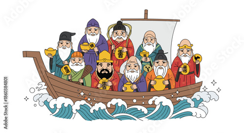 Illustration of the Shichifukujin, the Seven Lucky Gods of Japanese mythology, sailing together on their treasure ship, Takarabune.
