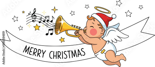 Cherubic Angel Playing Trumpet with Santa Hat.