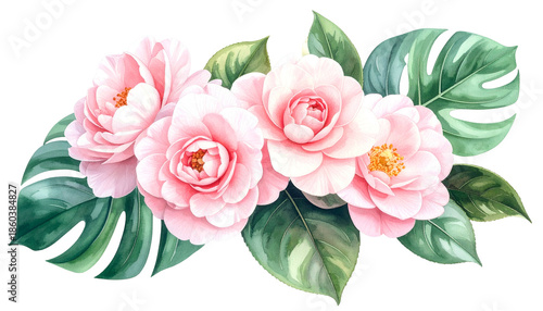 Watercolor floral arrangement with pale pink blossoms and variegated green leaves