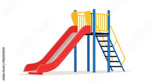 Simple and colorful illustration of a children's playground slide with a red chute, blue frame, and yellow railings and ladder.
