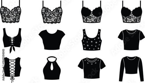 Women crop top silhouettes icon set featuring lace, casual, and trendy blouse styles for fashion apparel design vector useWomen crop top silhouettes icon set featuring lace, casual,