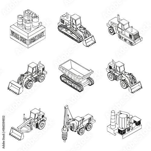 Isometric Line Art Construction and Industrial Vehicles Collection.