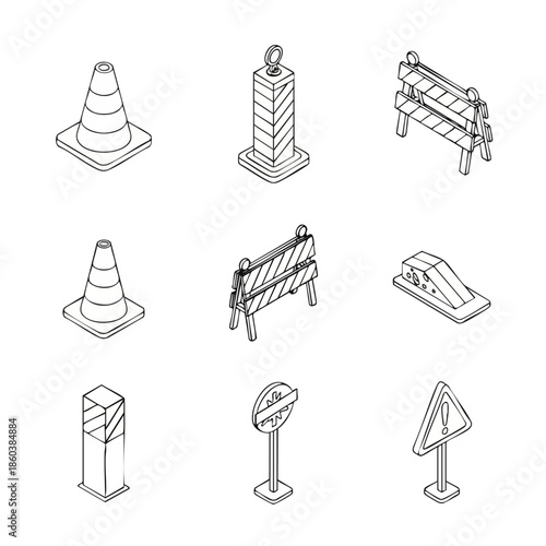 Isometric line art icons of road construction and traffic safety elements