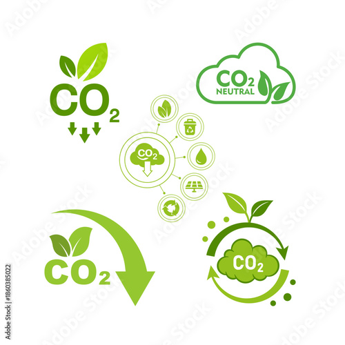 A complete eco icon set showing CO₂ neutrality, environmental systems, and sustainable solutions for corporate sustainability and climate strategy visuals.