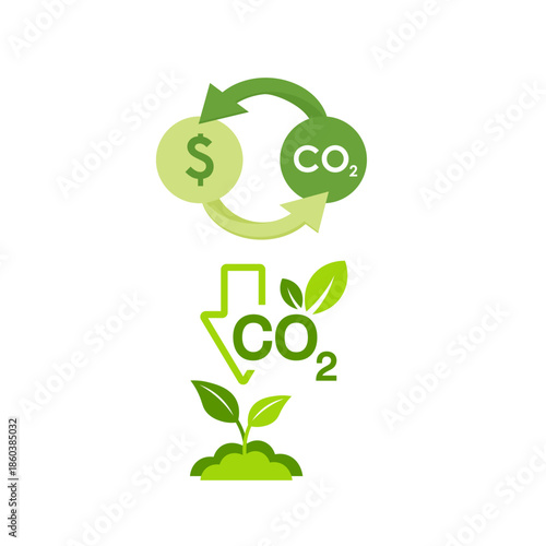 Icons combining carbon management, economic value, and plant growth, ideal for green finance, sustainable investment, and ESG communication.