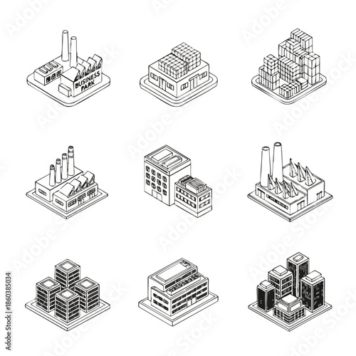 Isometric line art icons showing factories, warehouses, and business park structures