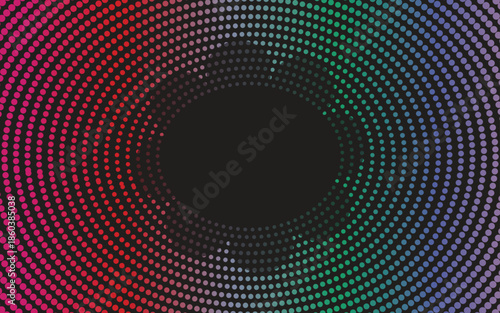 A vibrant and colorful circular pattern of dots radiating inward towards a dark center