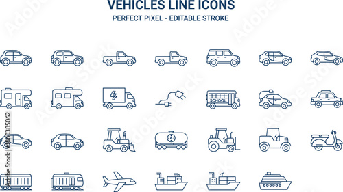 Vehicles editable stroke line icons set featuring cars, trucks, transport, shipping and travel symbols for web, app and UI designWeb