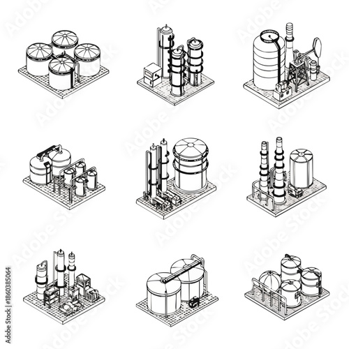 Isometric line art illustrations of various industrial plants and oil refineries, depicting storage tanks, distillation columns, and processing equipment