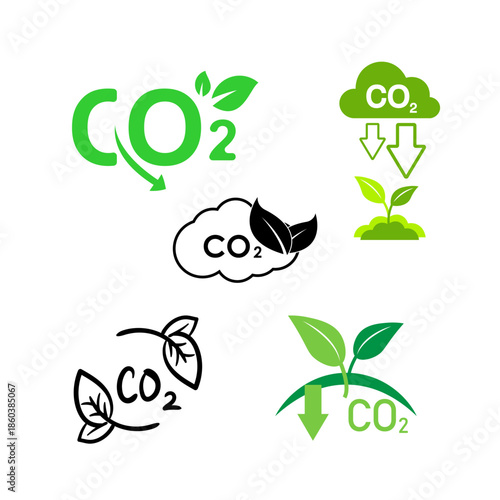 This vector icon set illustrates carbon dioxide absorption through plants, representing sustainable growth, eco-friendly processes, and environmental balance for green branding, climate awareness, and