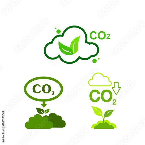 Clean vector icons illustrating CO₂ clouds and plant absorption, ideal for climate education, environmental presentations, and green awareness projects.