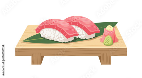 Two pieces of delicious maguro nigiri sushi, made with fresh raw tuna on top of vinegared rice, served on a wooden platter.