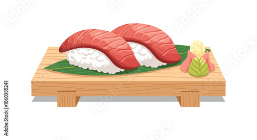 Two pieces of fresh tuna nigiri sushi, or maguro sushi, served on a traditional wooden geta plate with wasabi and pickled ginger.
