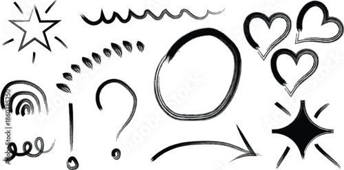 Collection of black silhouette doodles and shapes including hearts stars and question marks