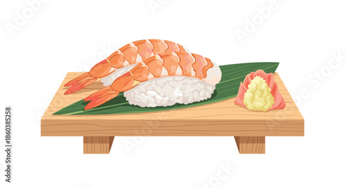 Classic ebi nigiri sushi featuring cooked shrimp on vinegared rice, elegantly presented on a wooden geta plate with pickled ginger.