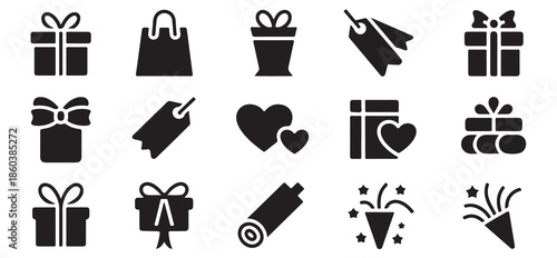 Gift boxes and shopping silhouette icons featuring holiday celebration and surprise elements