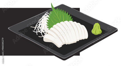 Fresh and delicate slices of ika sashimi, or raw squid, beautifully arranged on a black plate with shiso leaf and wasabi.