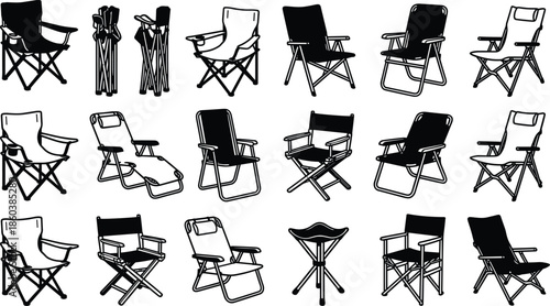 Outdoor folding chair silhouettes and sketches collection featuring camping beach patio seating designs for furniture illustration projects set