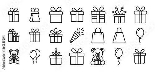Birthday and celebration line icons set with presents balloons shopping bags and teddy bear