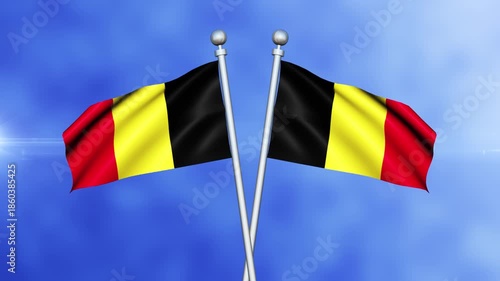 Belgium Crossed Flags Waving in Blue Sky Loop Animation | Realistic 3D National Flag Background