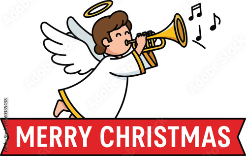 Cartoon Angel Blowing Horn Christmas Greeting.