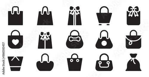 Set of shopping bag icons with gift box, ribbon, and various bag shapes in flat style