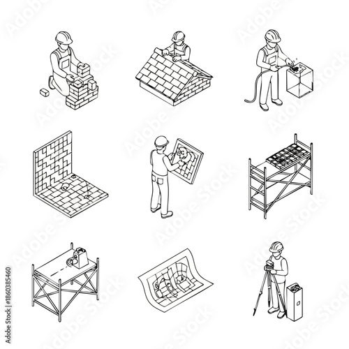 Isometric Vector Illustrations of Construction Workers Engaged in Various Building Tasks, Ideal for Urban Development Projects.