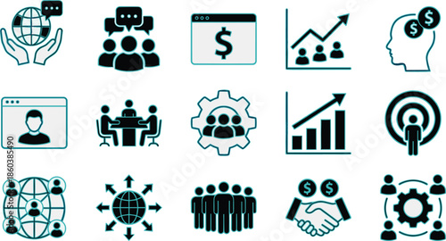 Modern business and finance icons set showing analytics growth teamwork networking leadership strategy concepts for corporate marketing presentations