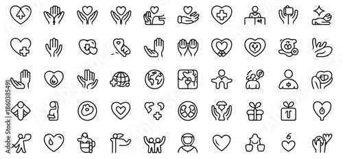 Set of line icons with hearts, hands, and other symbols related to charity and donation