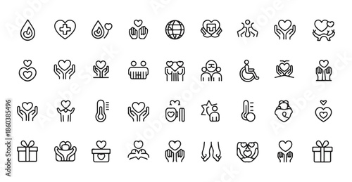 Collection of thin line icons representing charity donation care love and healthcare services