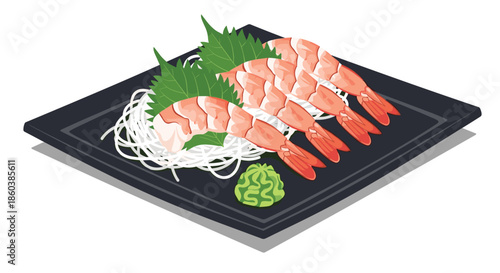 Four pieces of fresh amaebi, or sweet shrimp sashimi, beautifully arranged on a bed of daikon on a black plate with wasabi.
